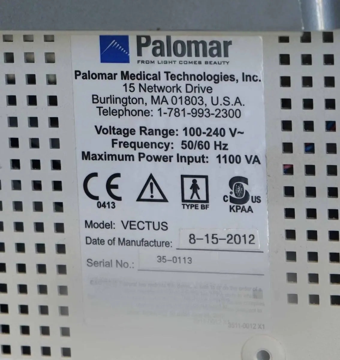 2012 Palomar Vectus 810 nm Diode Laser Hair Removal Cynosure Aesthetic Treatment Palomar