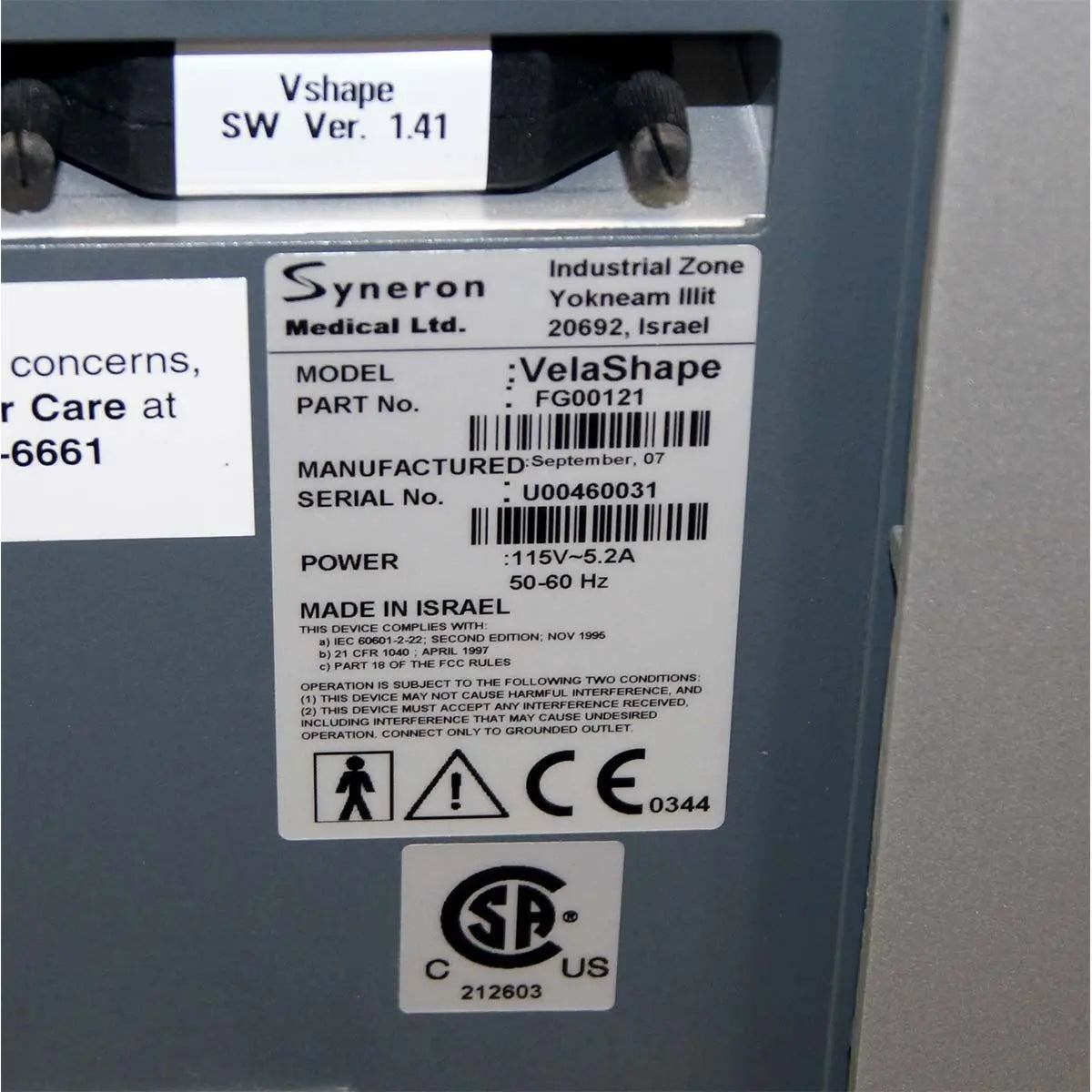 Syneron VelaShape FG00121 System with Dual Connector Adapter Vcontour Handpiece