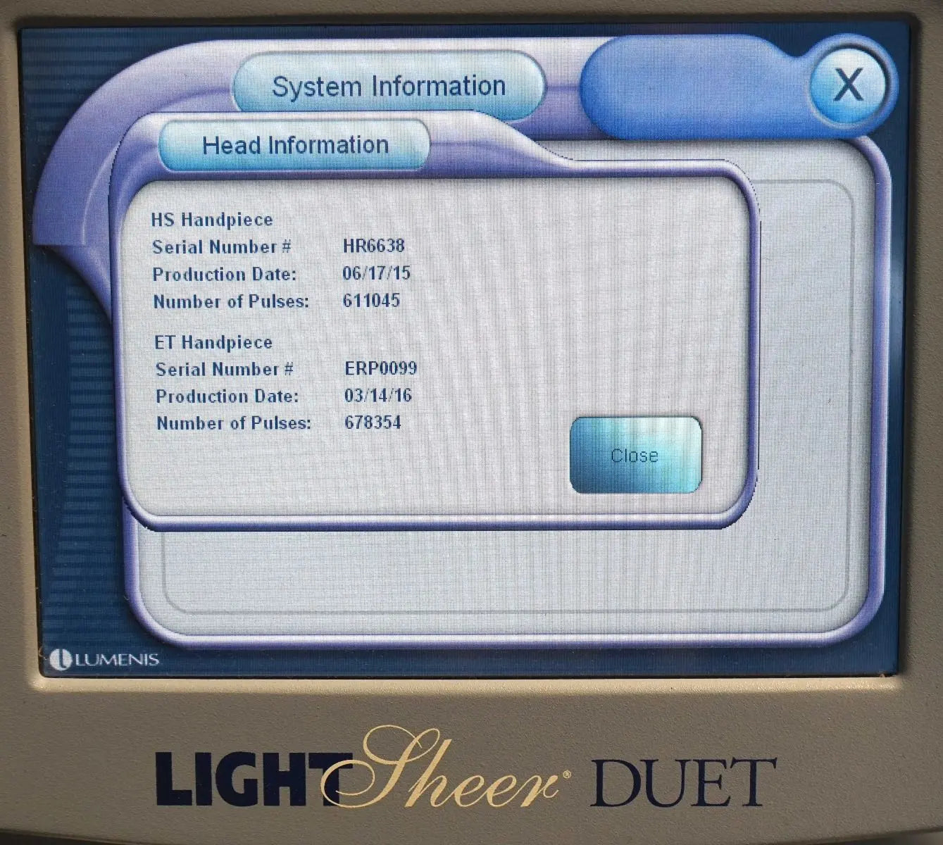 2009 Lumenis LightSheer Duet Laser ET HS 9x9mm 22x35mm Hair Removal Light Sheer Lumenis