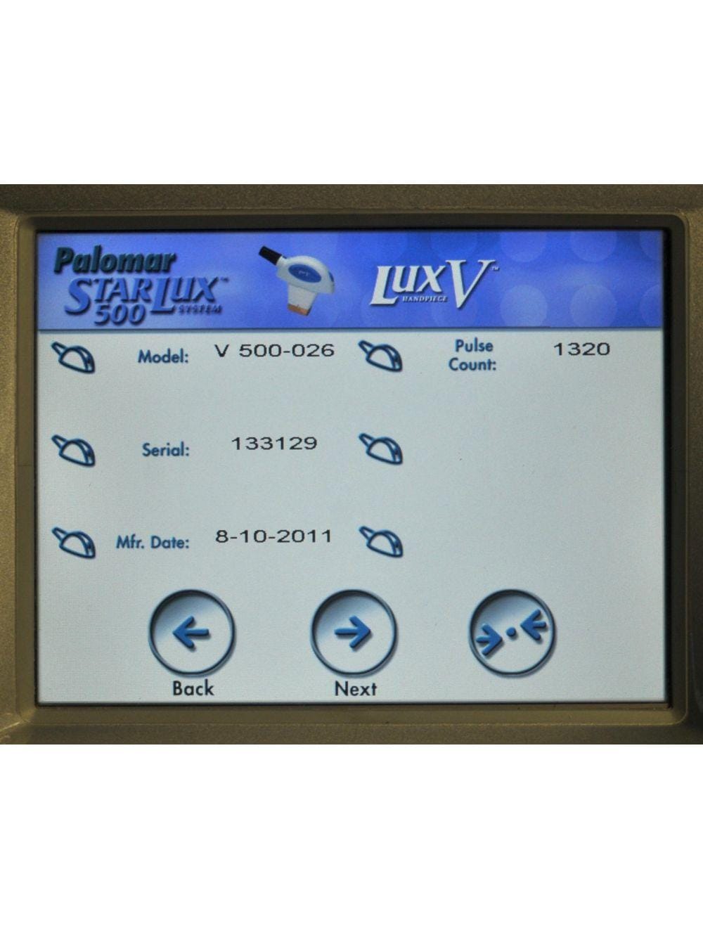 2011 Palomar StarLux 500 LuxV IPL Laser Acne Pigmented Lesions Lux V Handpiece
