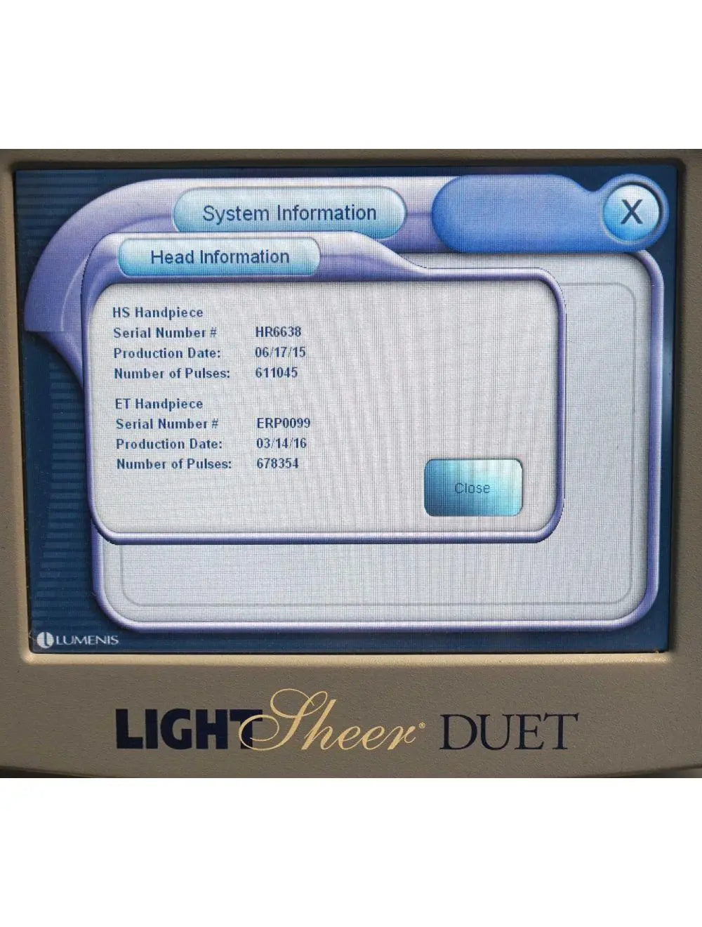 2009 Lumenis LightSheer Duet Laser ET HS 9x9mm 22x35mm Hair Removal Light Sheer Lumenis