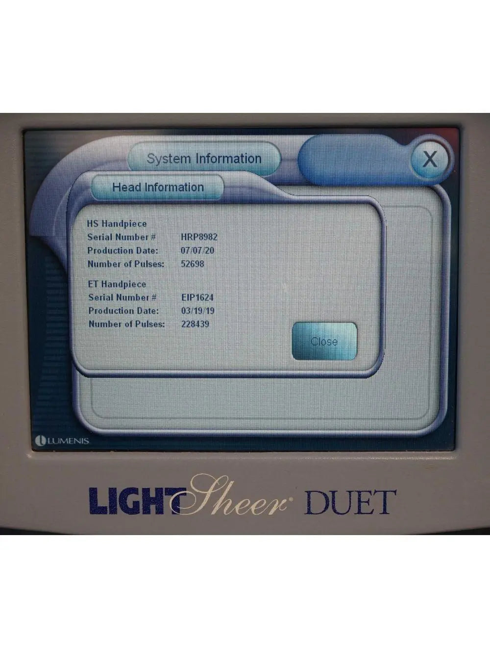 2010 Lumenis LightSheer Duet Laser ET HS 9x9mm 22x35mm Hair Removal Light Sheer Lumenis