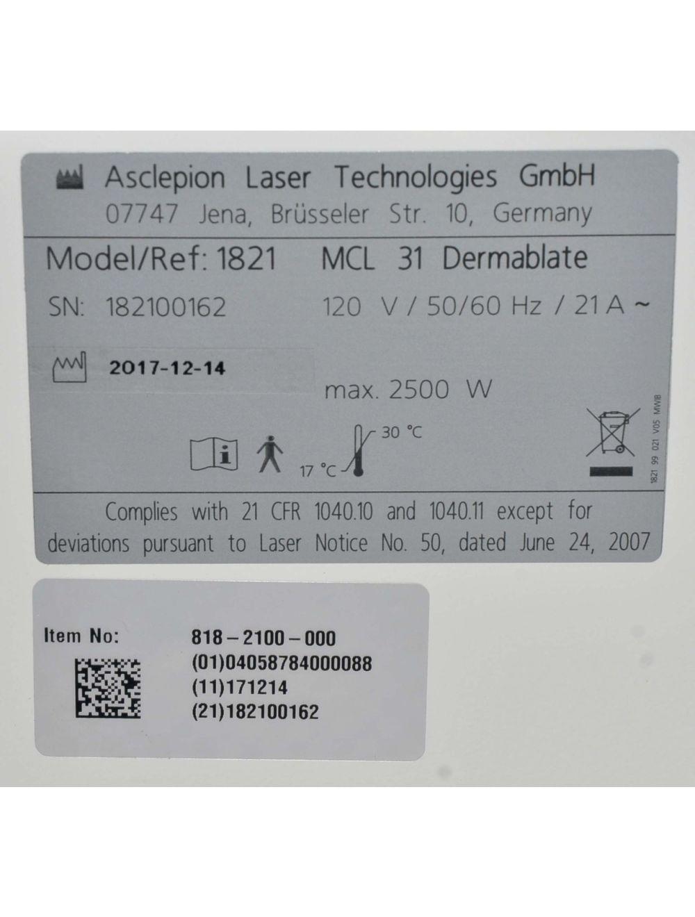 2017 Asclepion Laser DERMABLATE MCL31 Erbium YAG Juliet Vaginal Rejuvenation