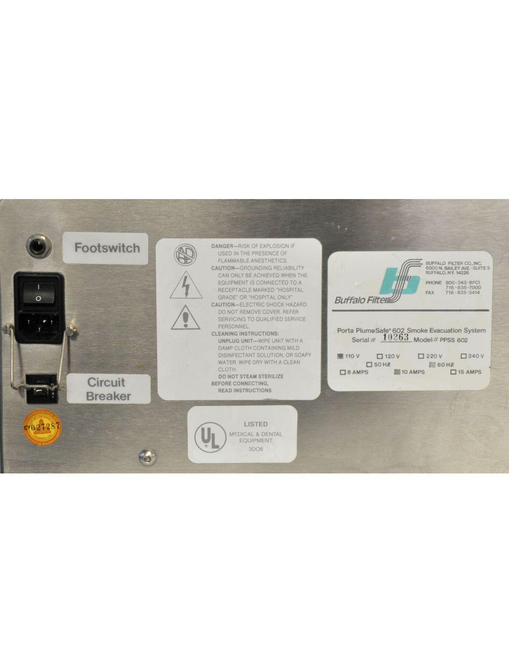 Buffalo Filter Porta PlumeSafe Surgical Smoke Evacuation PPSS 602 Plume Safe